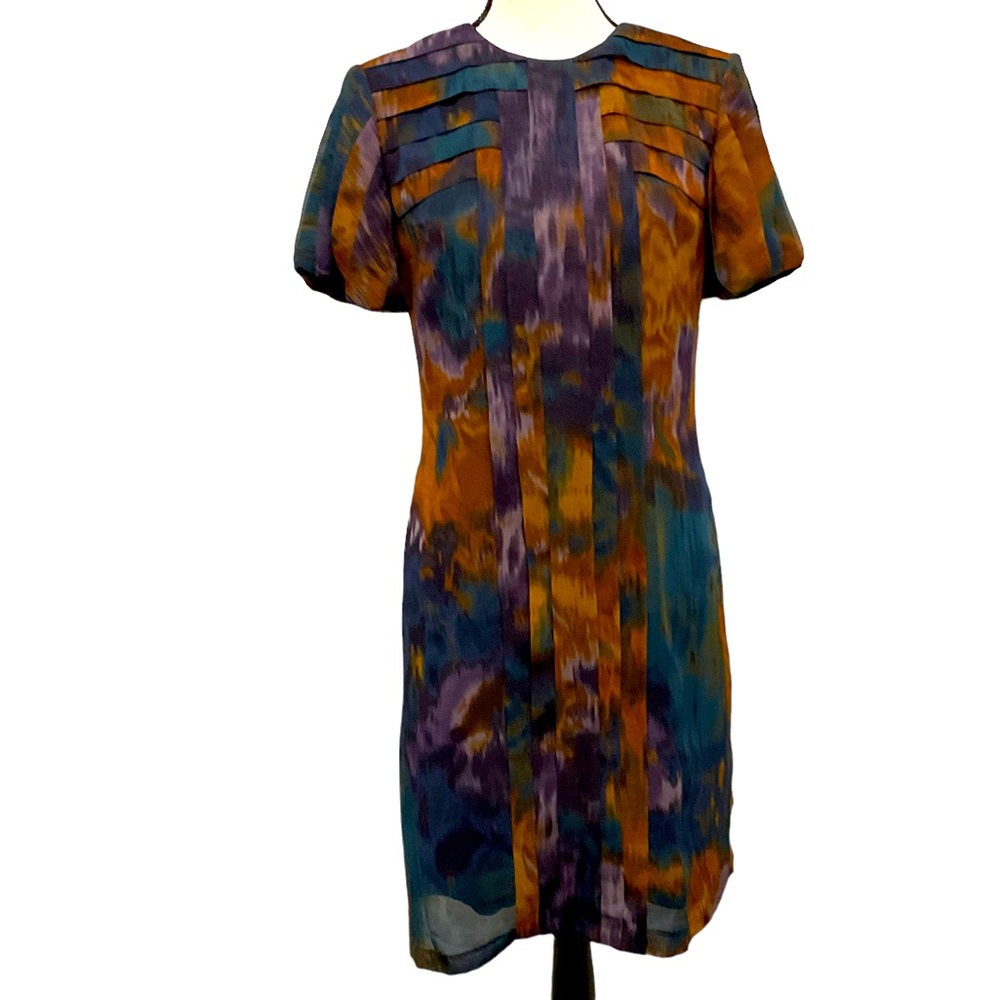 Peter Nygard Dress Sz 6 Short Sleeve Purple Brown Blue Lined Semi-Sheer
